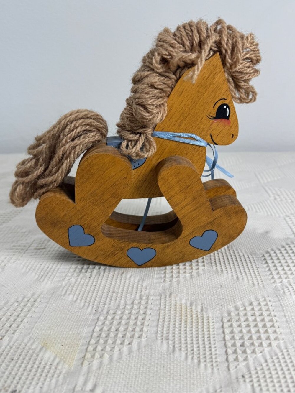 Handcrafted Wood Rocking Horse Decor Heart Accents & Yarn Mane Country Farmhouse